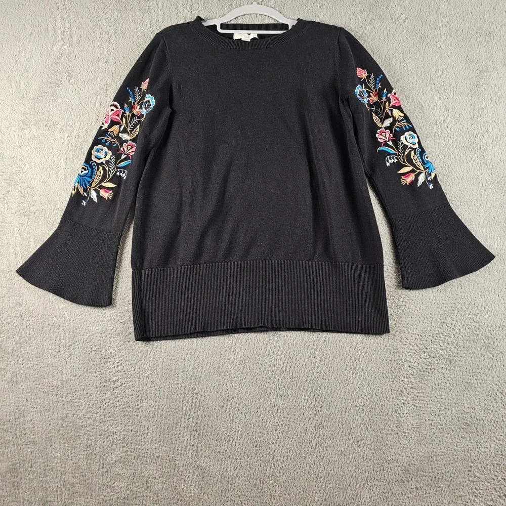 Belle by Kim Gravel Black Floral Embroidered Bell Sleeve Sweater XL